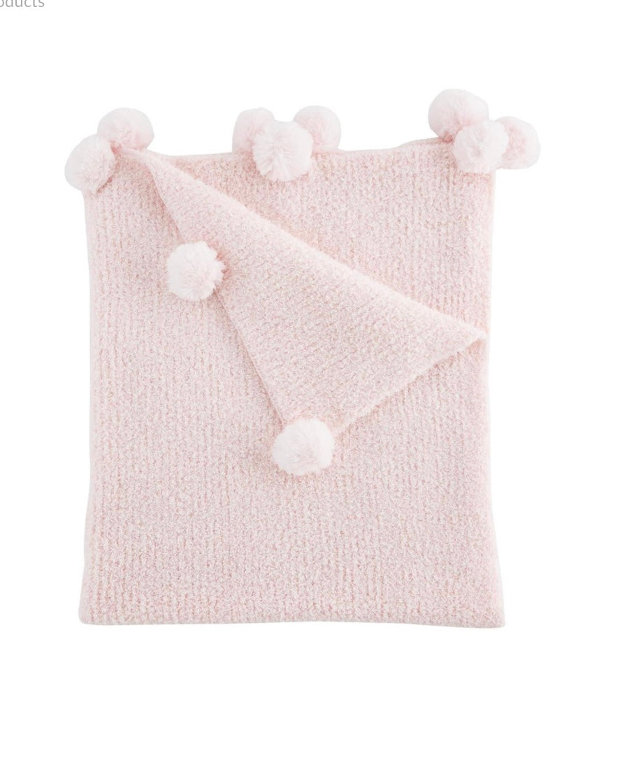 Pink Chenille Blanket with Pom Poms The Little Exchange