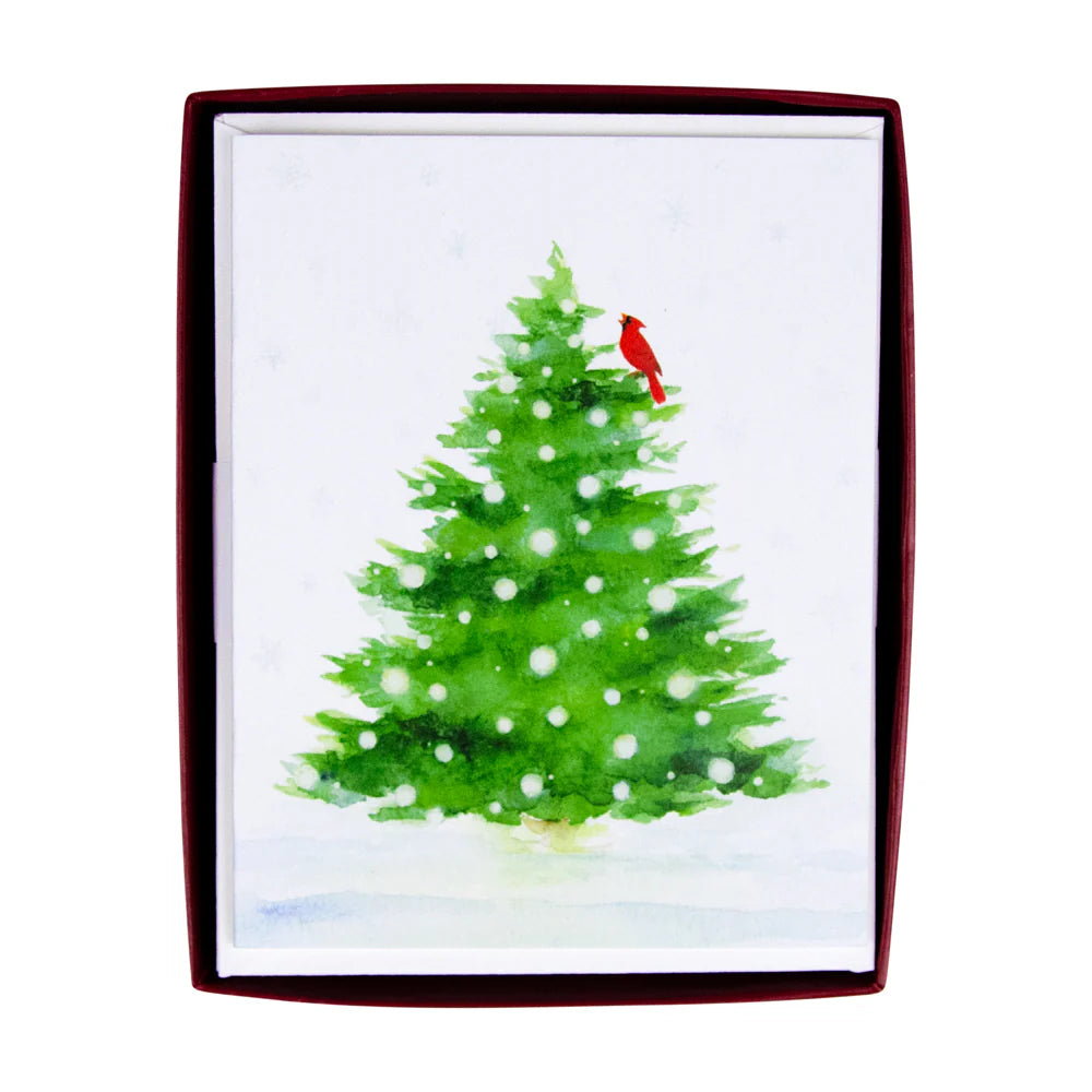 Caspari Snowy Tree with Cardinal Boxed Christmas Cards