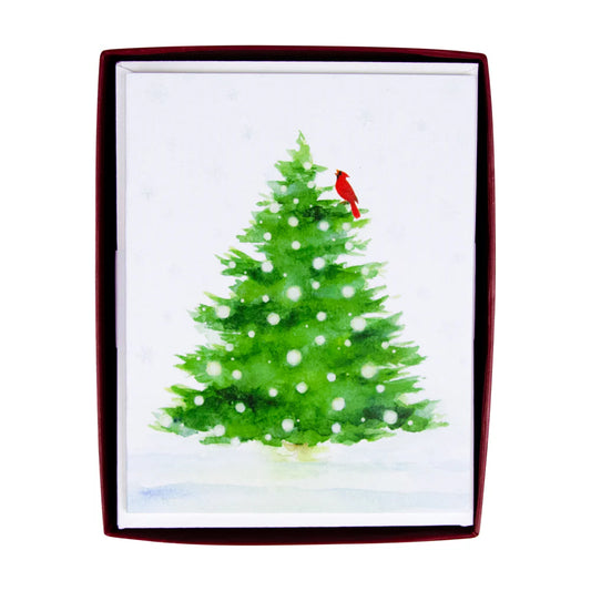 Caspari Snowy Tree with Cardinal Boxed Christmas Cards