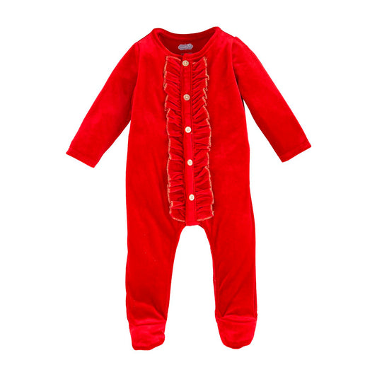 Mudpie Red Velour Ruffle Sleeper 3M