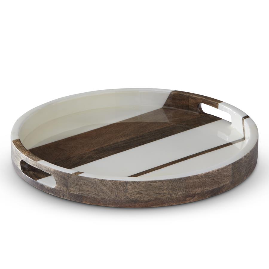 14.5in Round Mango Wood Enameled Striped Tray