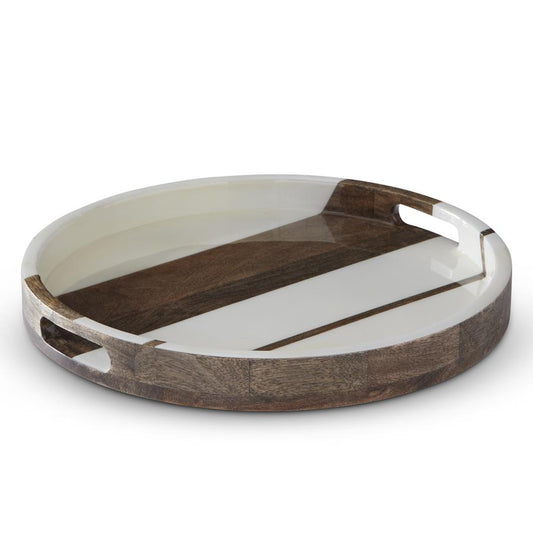 14.5in Round Mango Wood Enameled Striped Tray