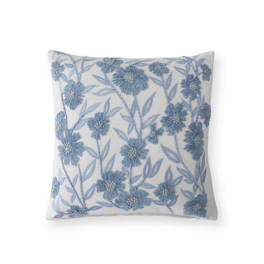 Square White Linen & Blue Floral Pillow