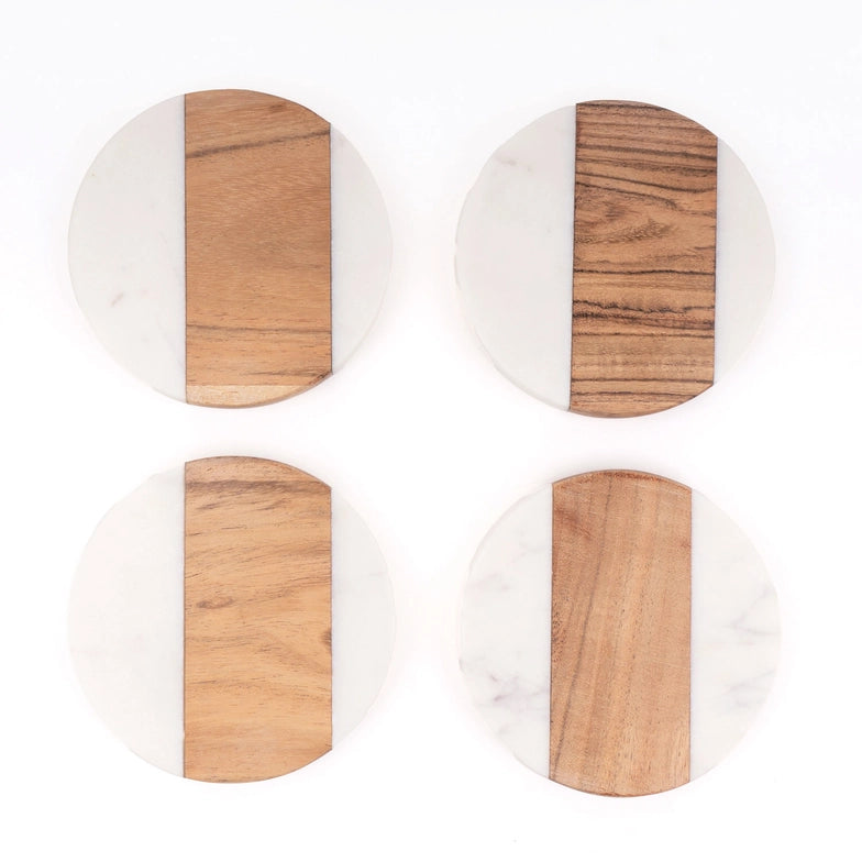 4pc Marble & Wood Coaster Set