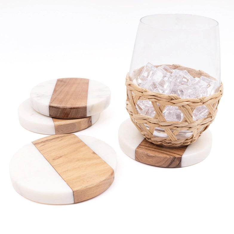 4pc Marble & Wood Coaster Set