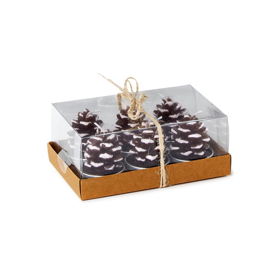 6 Hand Painted Snowed Pinecone Tealight Candles in Gift Box