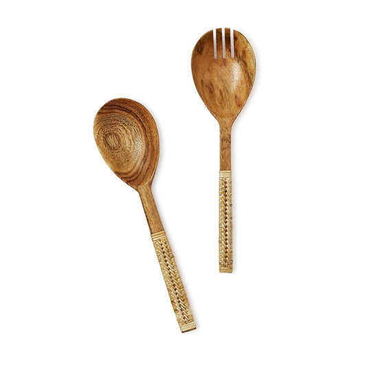 Wood Salad Servers with Wicker Handle