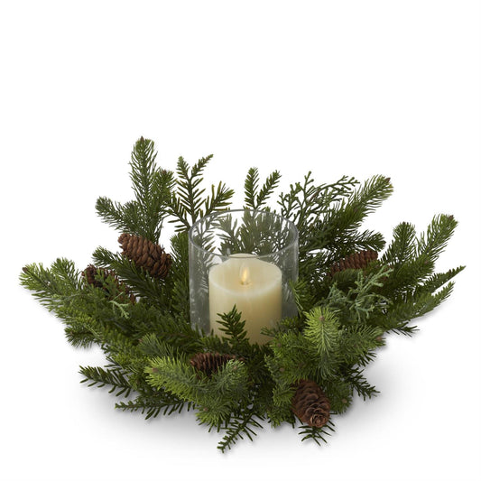 Mixed Pine Real Touch Candle Ring with Glass Hurricane