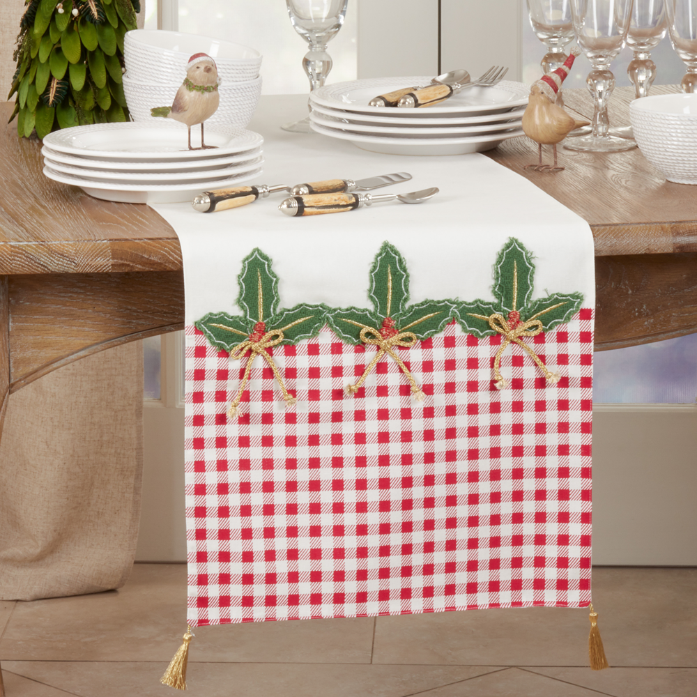 Buffalo Plaid Holly Leaves Table Runner