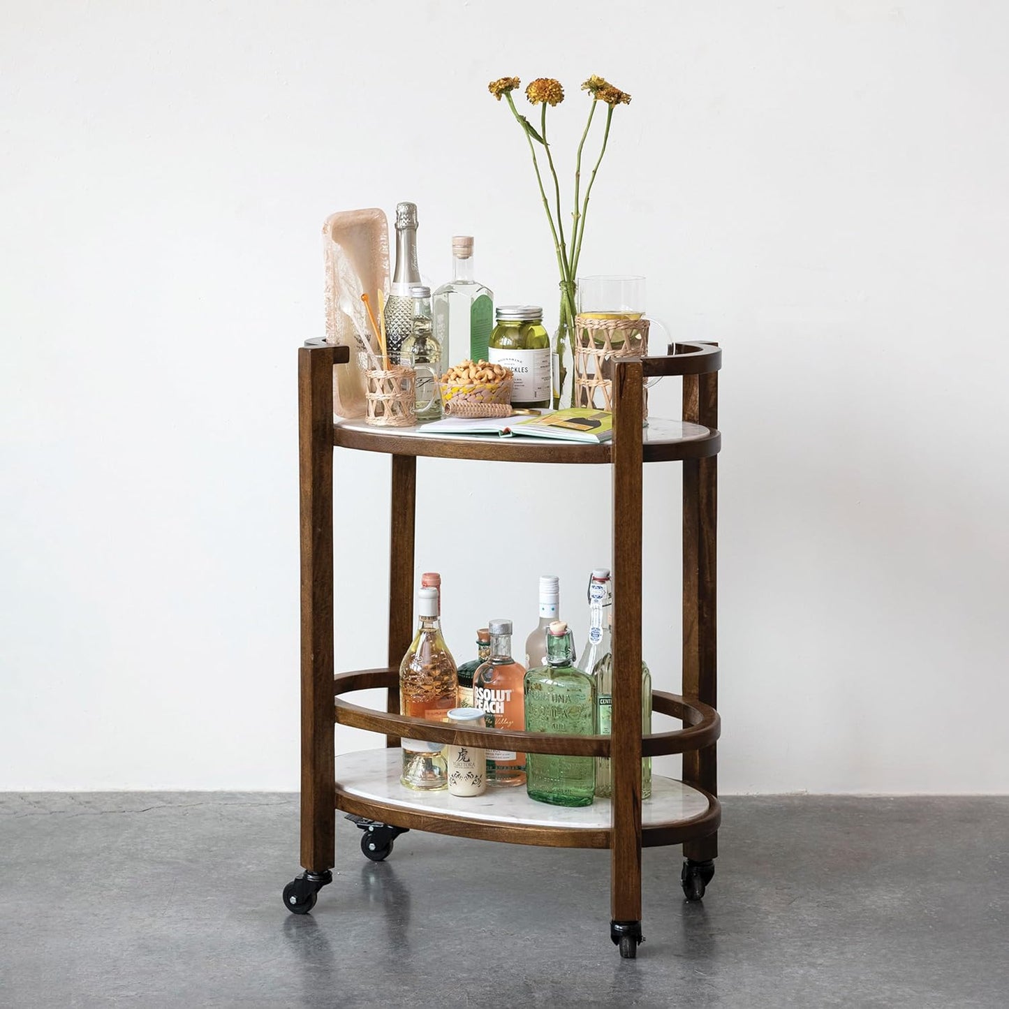 Mango Wood 2-Tier Bar Cart on Casters w/ Marble Shelves