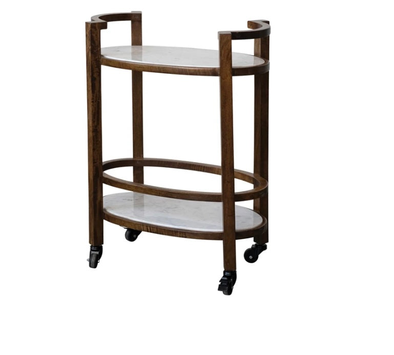 Mango Wood 2-Tier Bar Cart on Casters w/ Marble Shelves