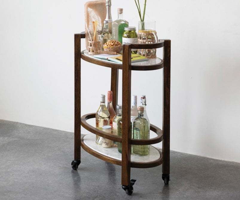 Mango Wood 2-Tier Bar Cart on Casters w/ Marble Shelves