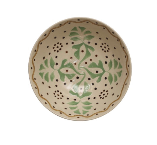 Hand-Painted Stoneware Serving Bowl w/ Design, Green & Brown