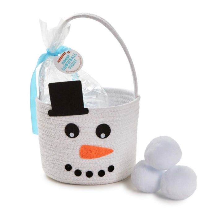 Hand-Crafted Snowman Basket w/ Handle & 12 Snowballs