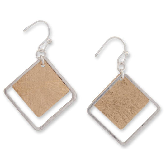 Silver with Brushed Gold Square Earrings