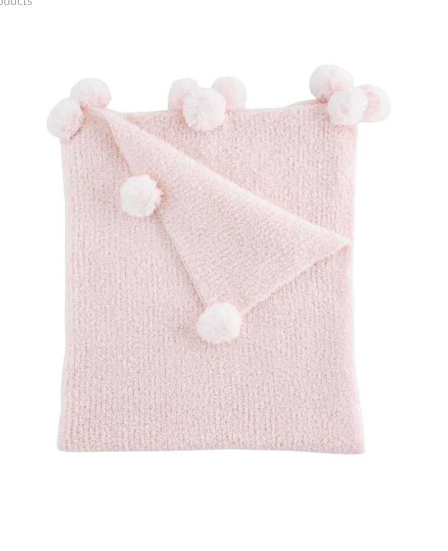 Pink Chenille Blanket with Pom Poms